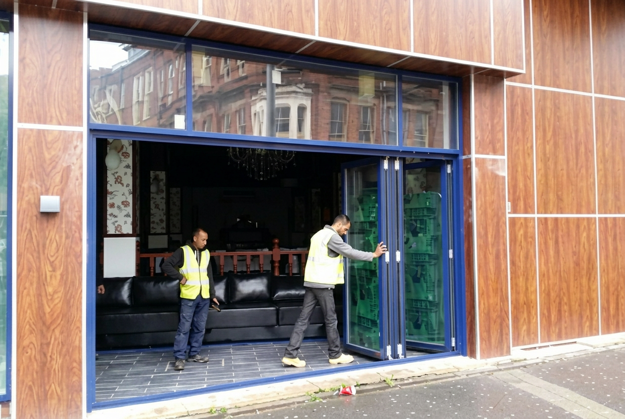 Aluminium bi-fold doors installation on a commercial shopfront – Prestige Aluminium Systems