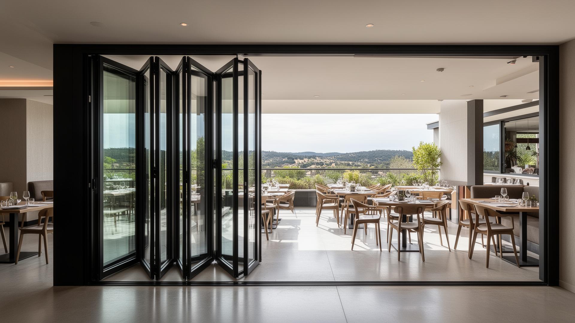Wide-span aluminium bi-fold doors opening onto a restaurant terrace