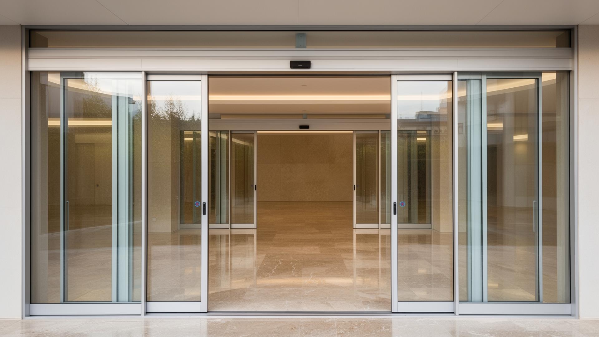 Automatic aluminium sliding entrance doors at a commercial reception
